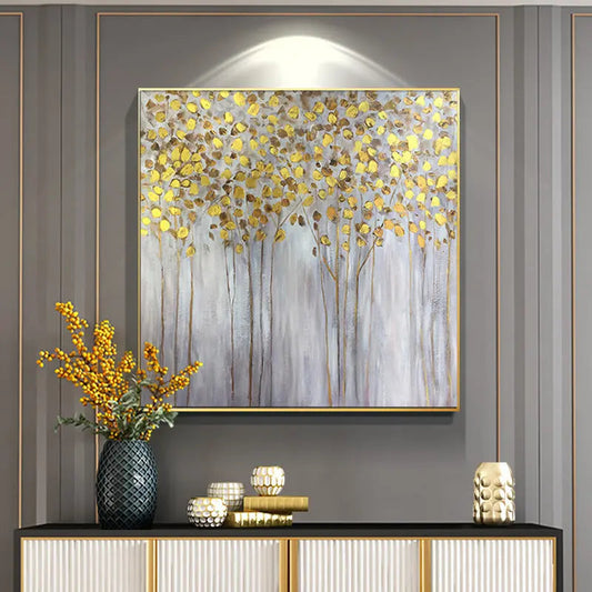 Forest Painting With Gold Tree's Leaf