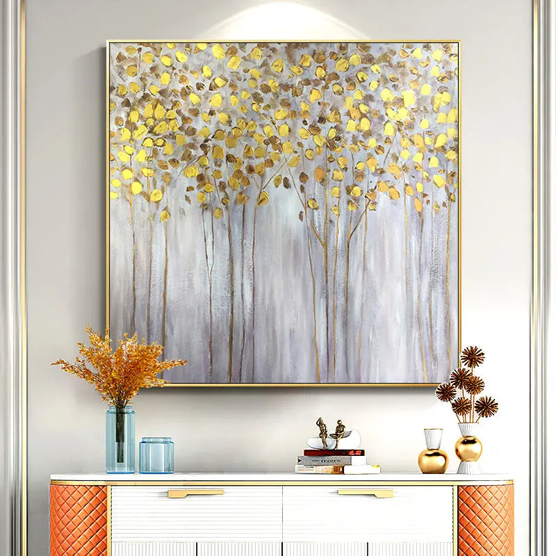 Forest Painting With Gold Tree's Leaf
