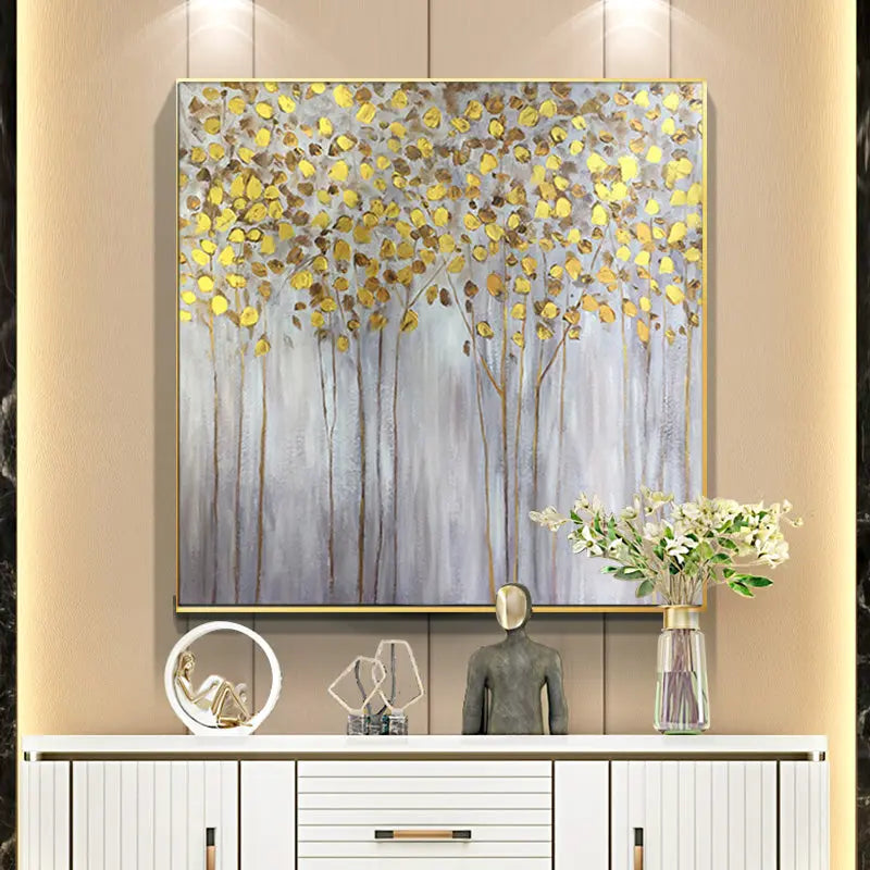 Forest Painting With Gold Tree's Leaf