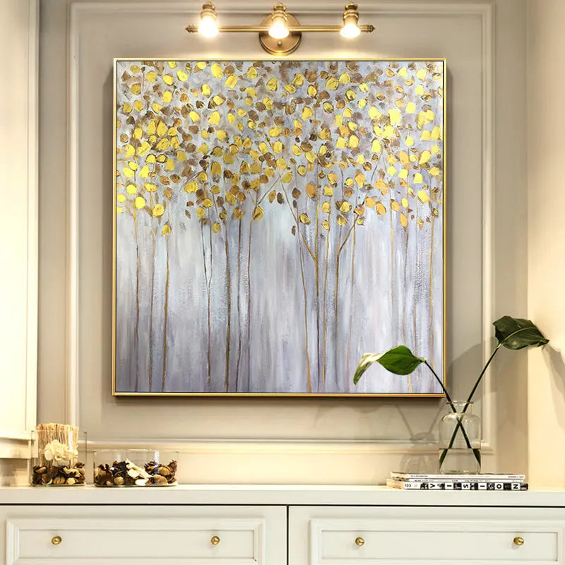 Forest Painting With Gold Tree's Leaf