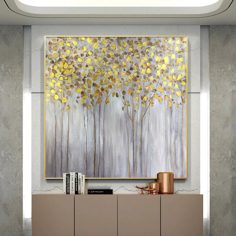 Forest Painting With Gold Tree's Leaf