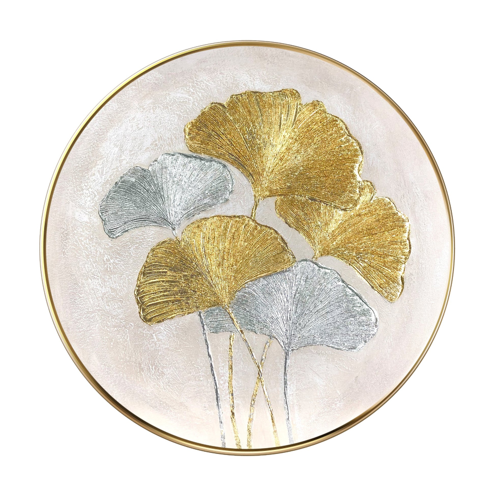 Ginkgo Leaves Painting Gold Silver Foil Round Wall Art