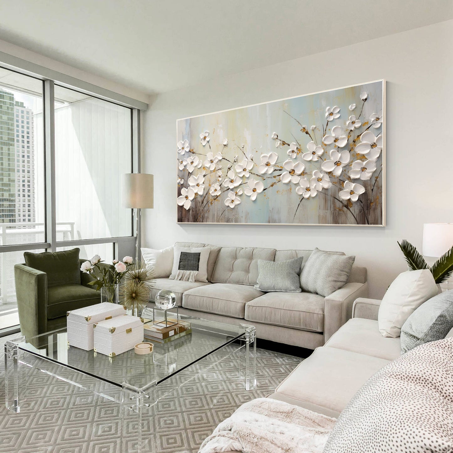 White Flowers Gold leaf Texture Wall Art