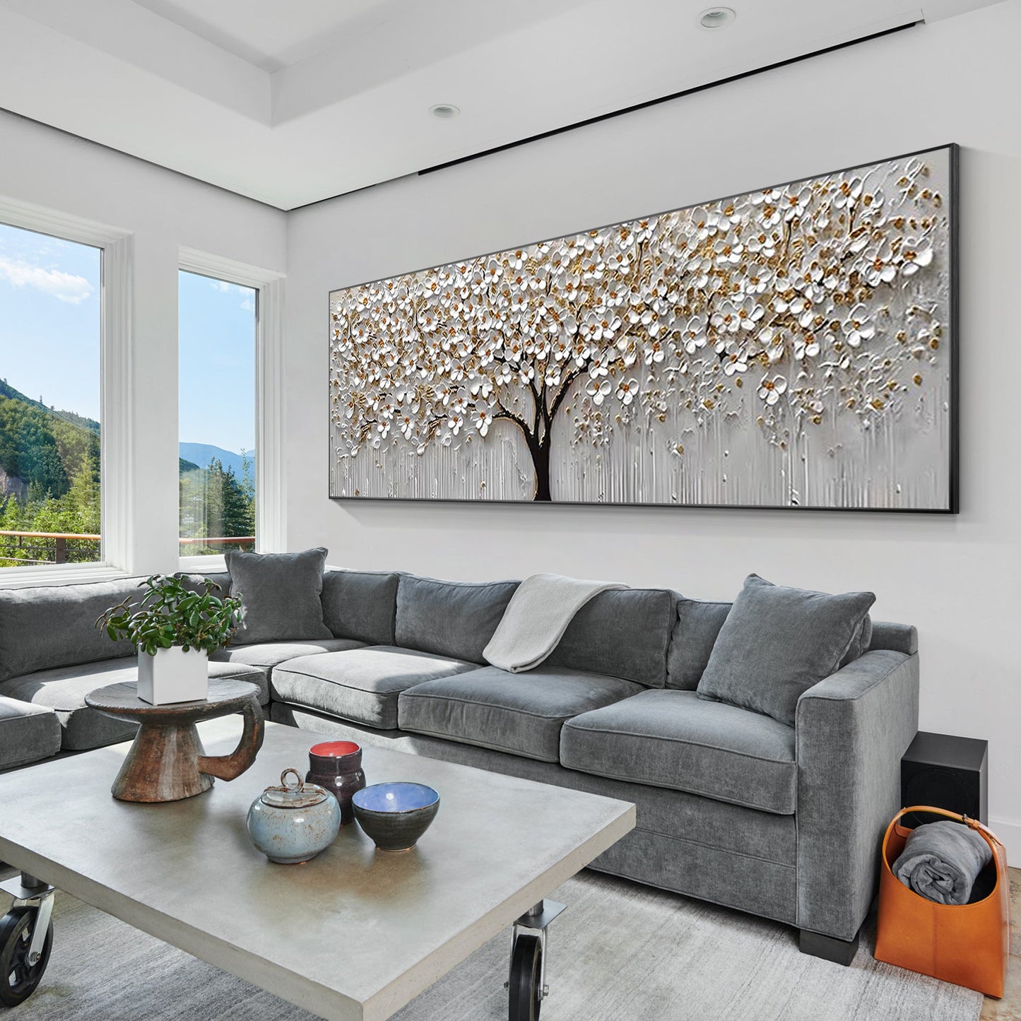 White Gold Flower Painting - 3D Textured Large Wall Art