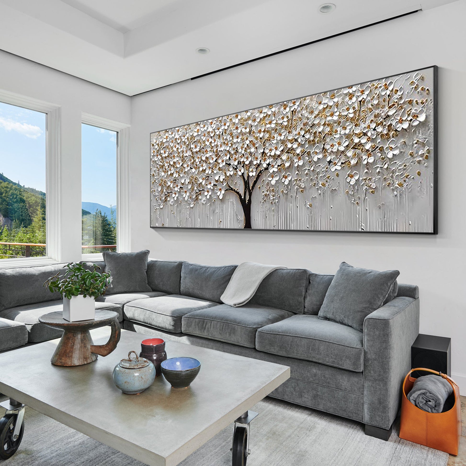White Gold Flower Painting - 3D Textured Large Wall Art
