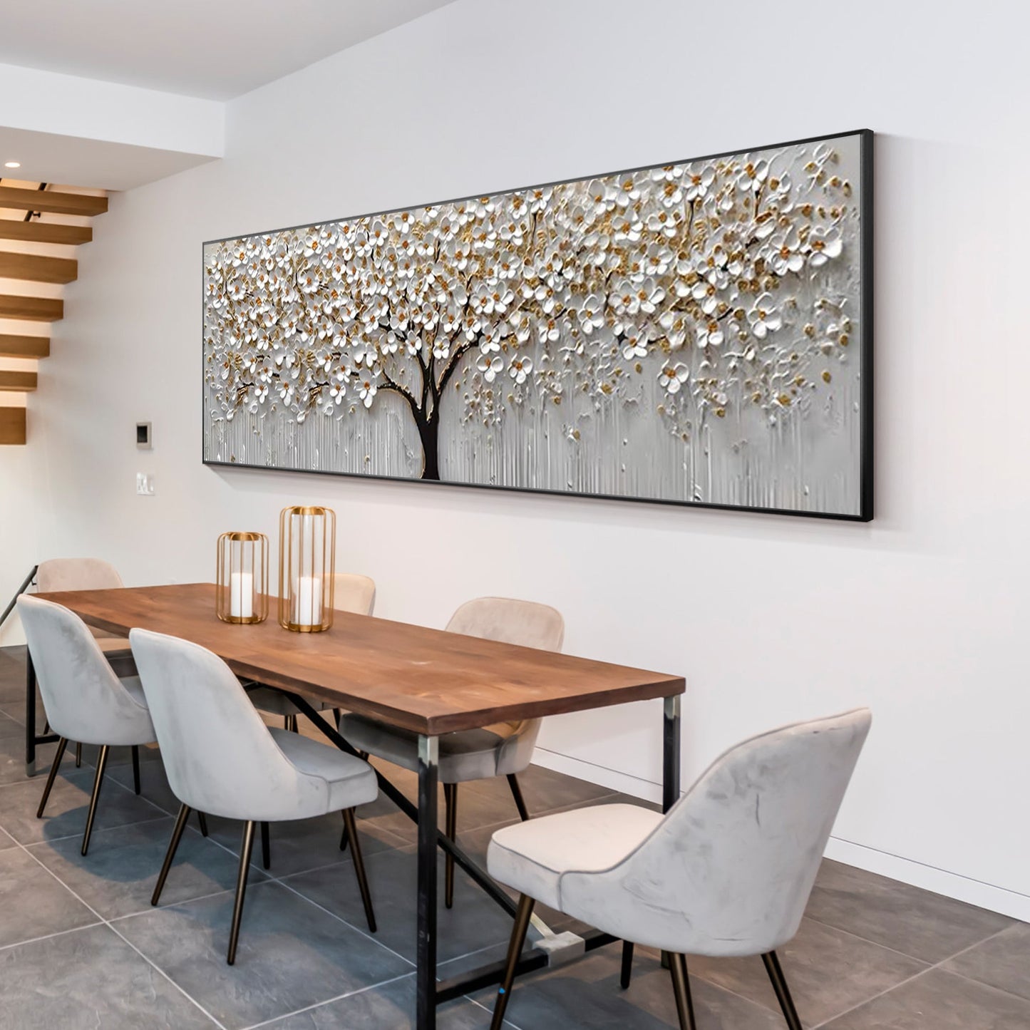 White Gold Flower Painting - 3D Textured Large Wall Art