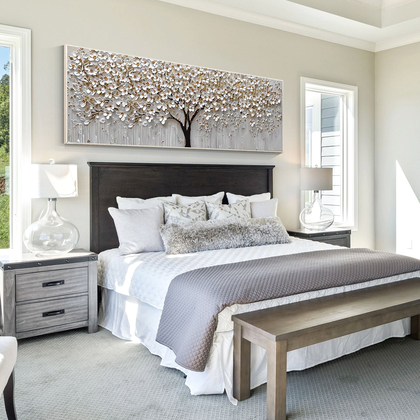 White Gold Flower Painting - 3D Textured Large Wall Art