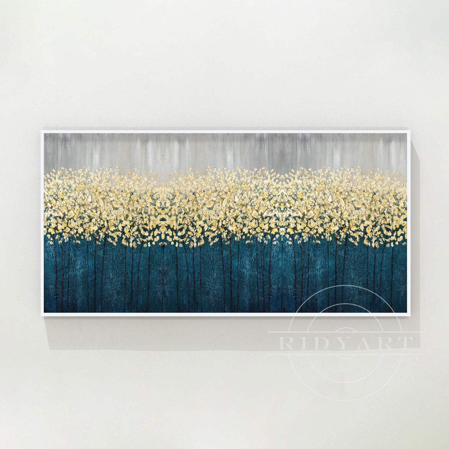Gold Flowers Abstract Painting - 3D Teal Blue Large Wall Art
