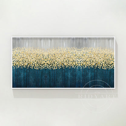 Gold Flowers Abstract Painting - 3D Teal Blue Large Wall Art