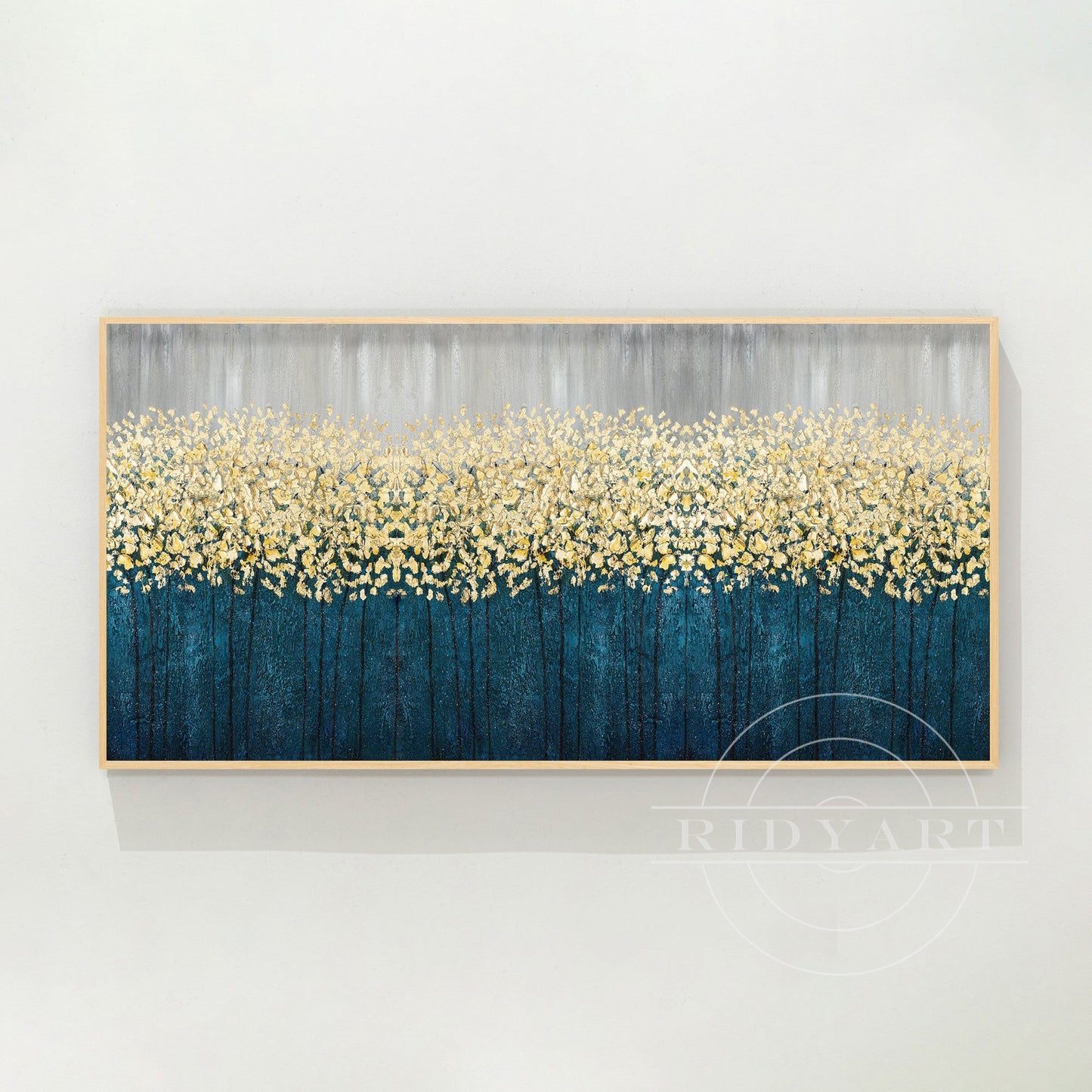 Gold Flowers Abstract Painting - 3D Teal Blue Large Wall Art