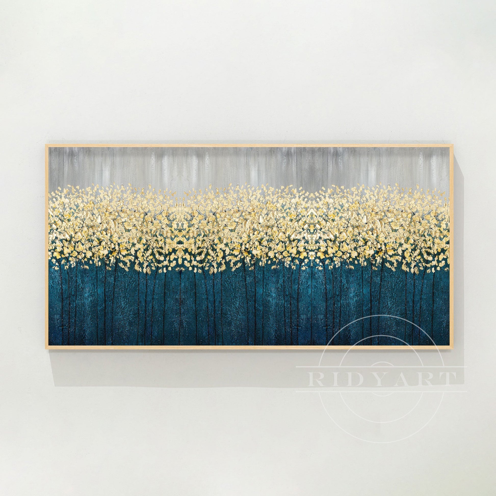 Gold Flowers Abstract Painting - 3D Teal Blue Large Wall Art