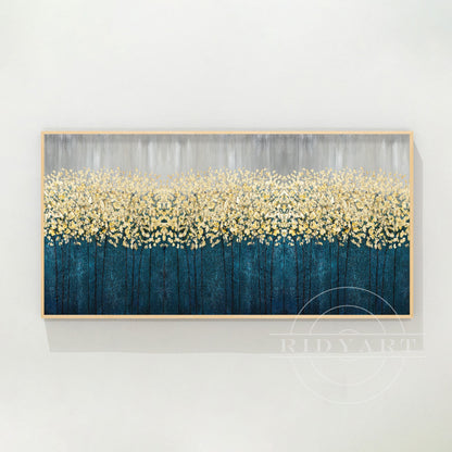 Gold Flowers Abstract Painting - 3D Teal Blue Large Wall Art