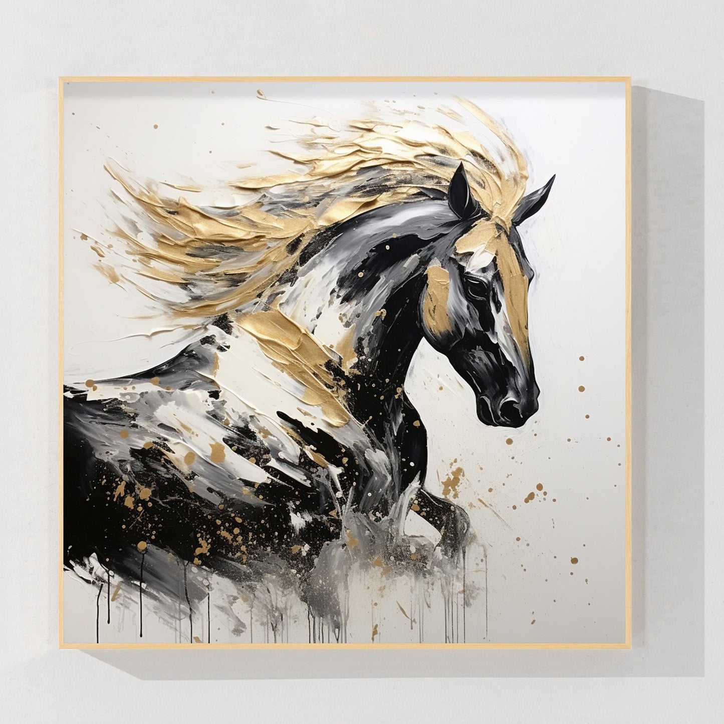 Black Gold Running Horse Textured Painting, Original Canvas