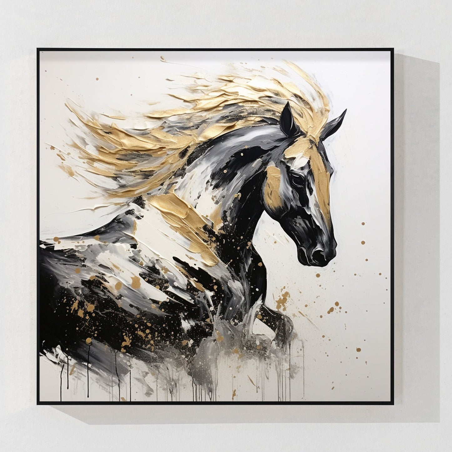 Black Gold Running Horse Textured Painting, Original Canvas