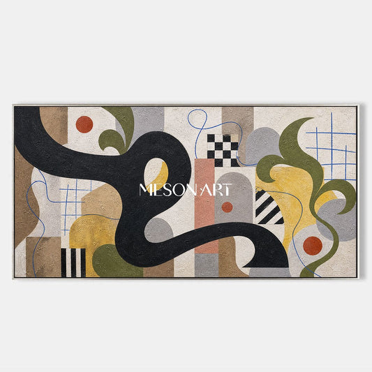 Mid Century Modern Abstract Painting With Geometric Shapes And Organic Lines For Living Room Decor