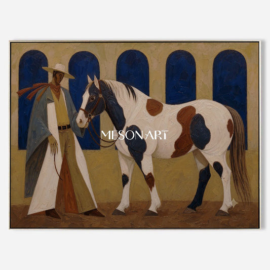 Cowboy And Horse Painting With Impasto Texture For Farmhouse Living Room Decor