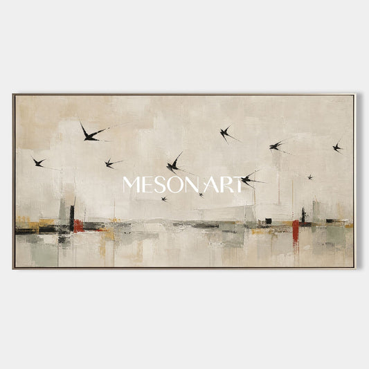 Minimalist Swallow Canvas Art Abstract Beige Painting For Modern Living Room Decor
