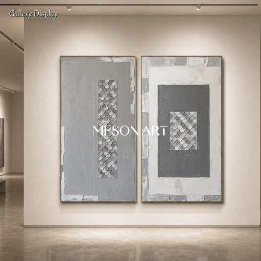 Large Gray White Textured Wall Art Diptych Abstract Geometric Painting For Living Room