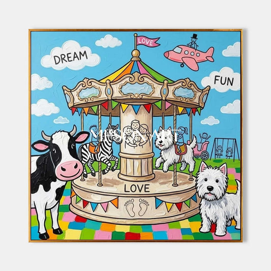 Whimsical Carousel Animal Painting For Kids Room Wall Art With Love And Dream Themes