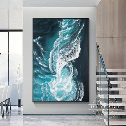 Ocean Wave Abstract Canvas Wall Art - Teal & White