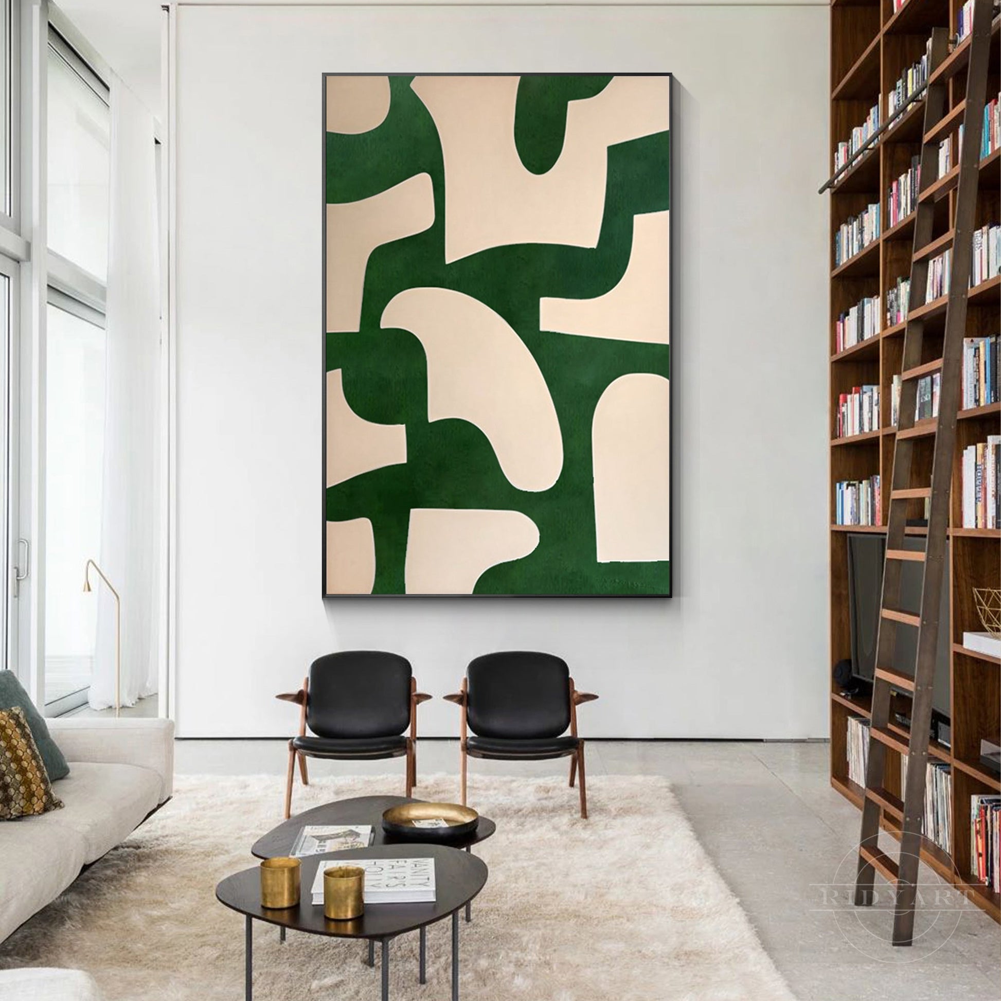 Beige Emerald Green Abstract Art Vertical Organic Shape