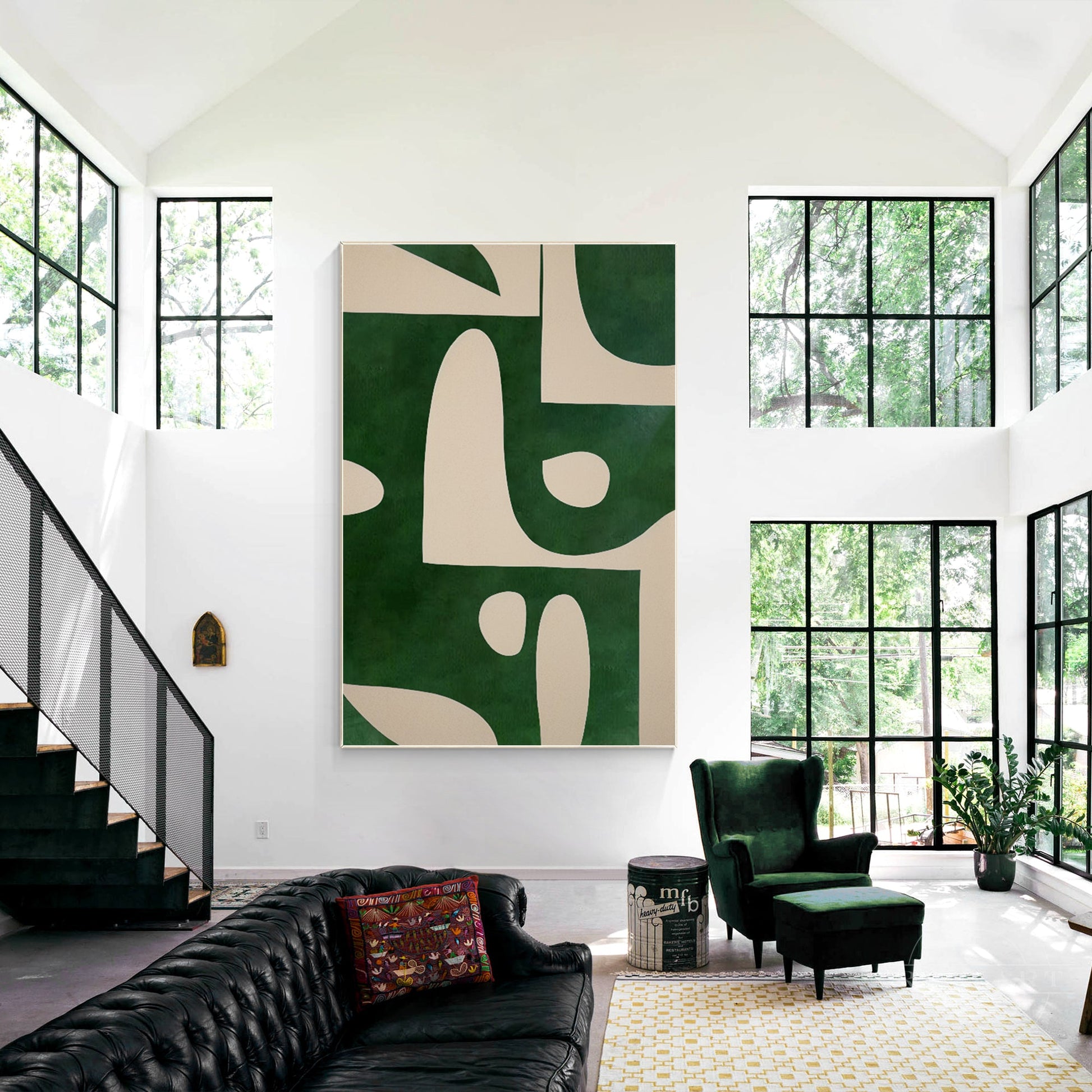 Beige Emerald Green Vertical Abstract Art Organic Shape