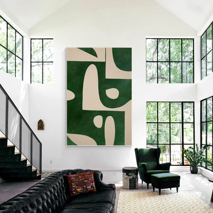 Beige Emerald Green Vertical Abstract Art Organic Shape