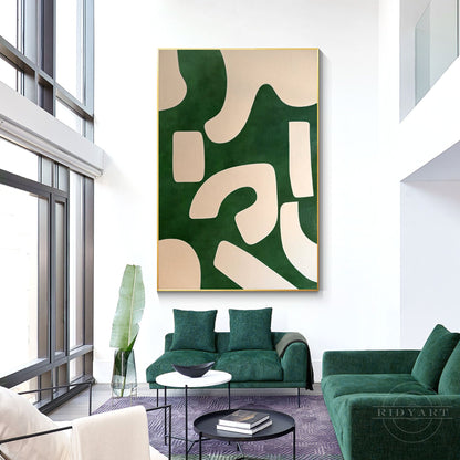 Emerald Green Beige Abstract Painting Vertical Organic Shape