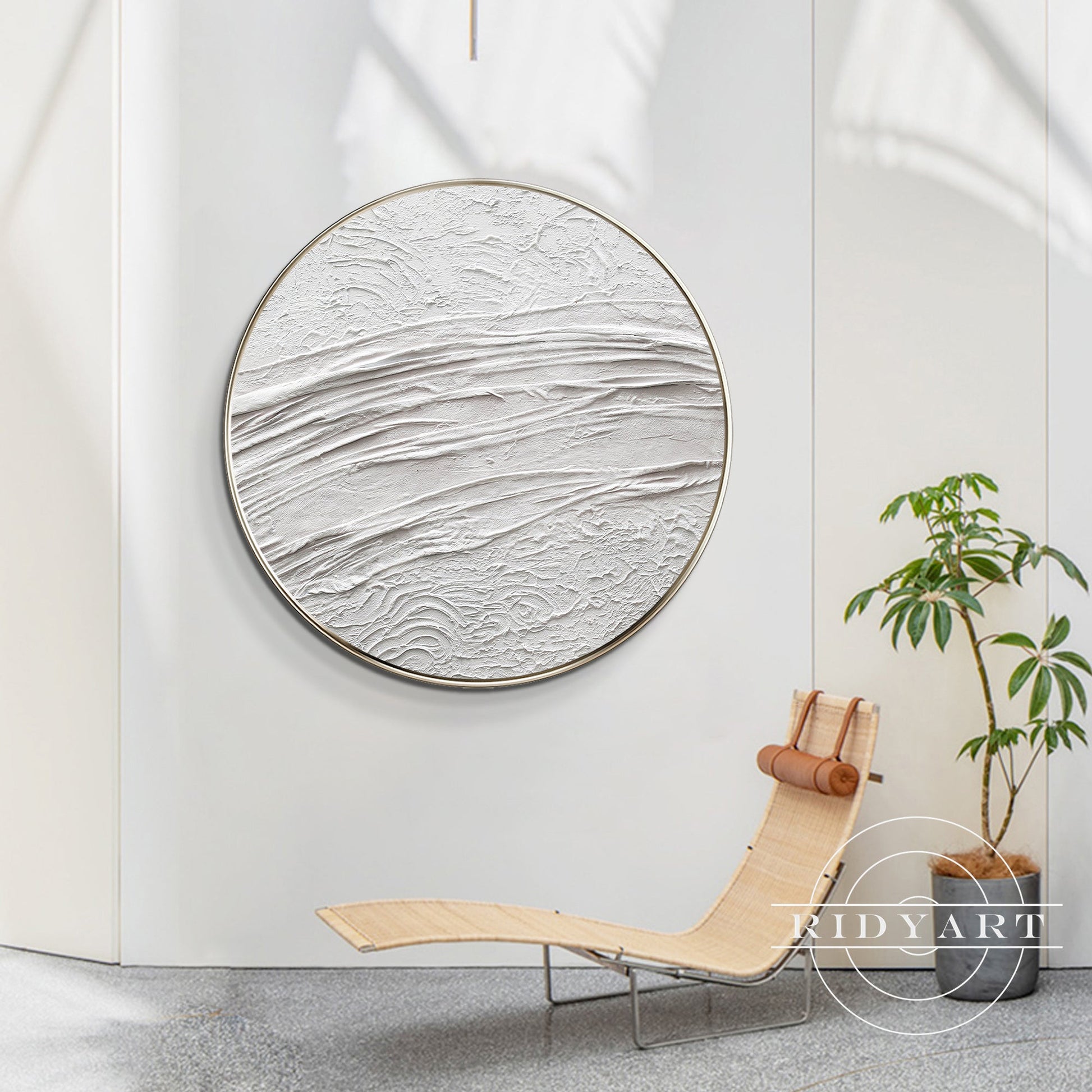 White Minimalist 3D Thick Texture Round Wall Art Framed