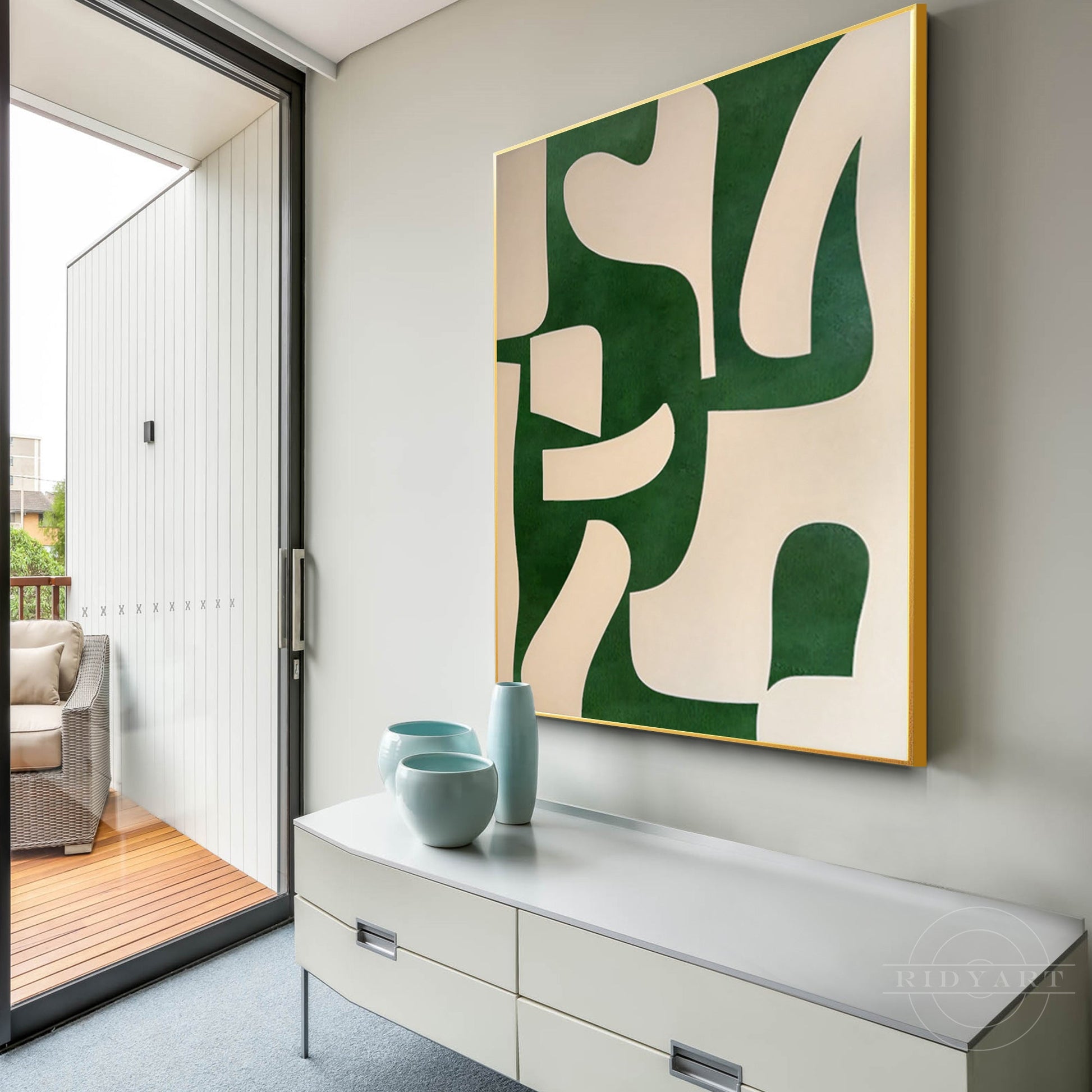 Beige Emerald Green Abstract Painting Vertical Organic Shape
