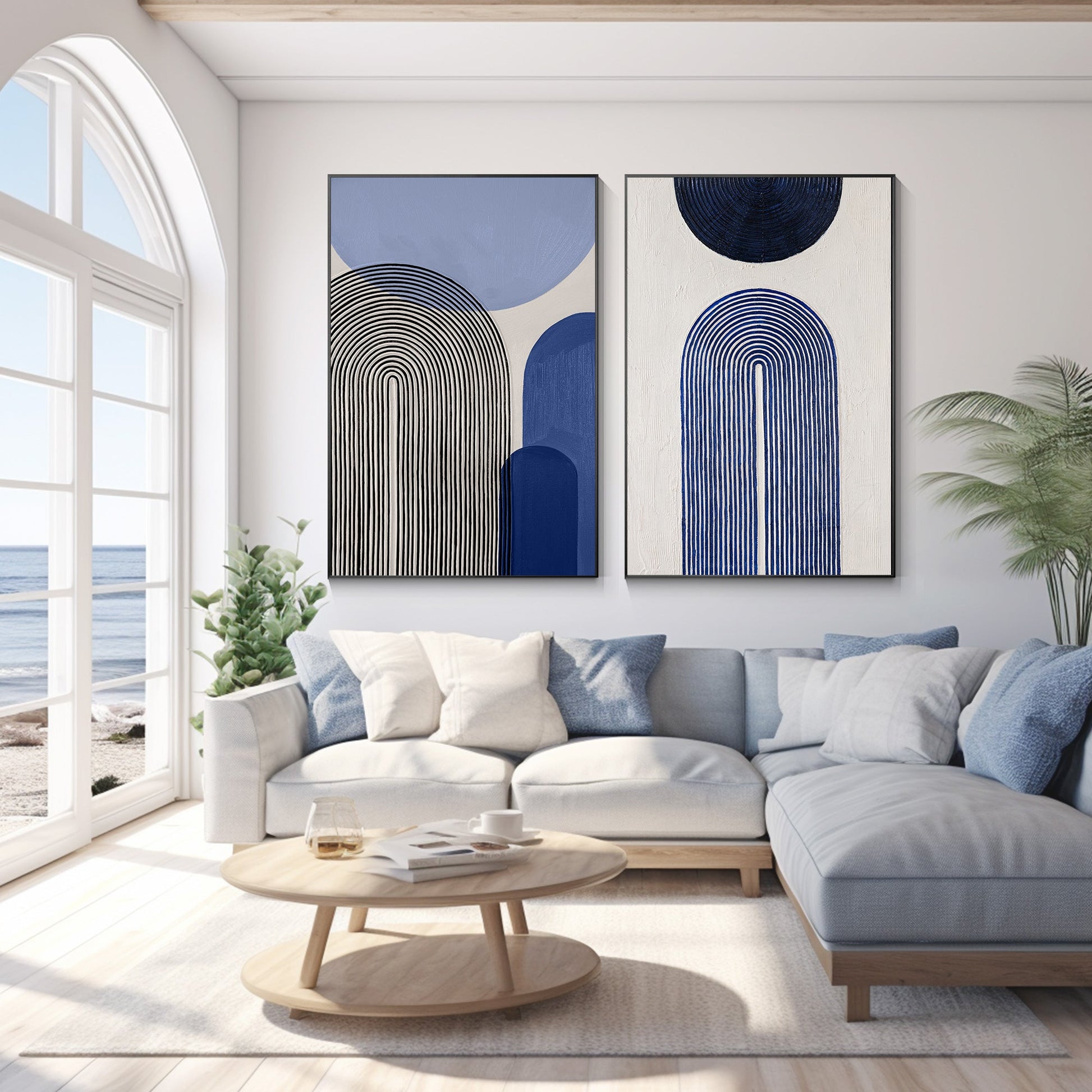 Set of 2 Baby Blue Abstract Geometric Painting