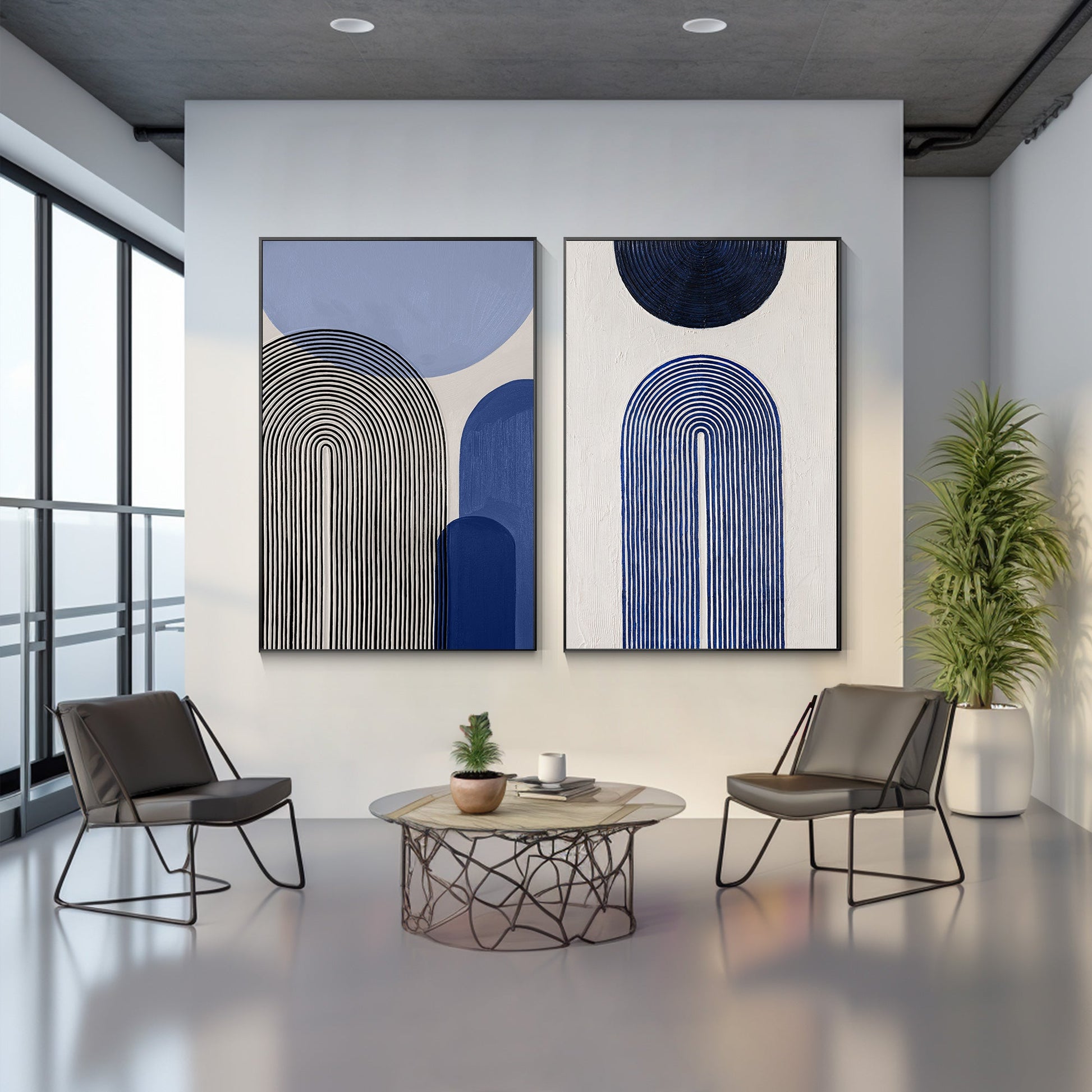 Set of 2 Baby Blue Abstract Geometric Painting