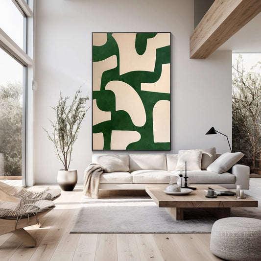 Beige Emerald Green Abstract Art Vertical Organic Shape