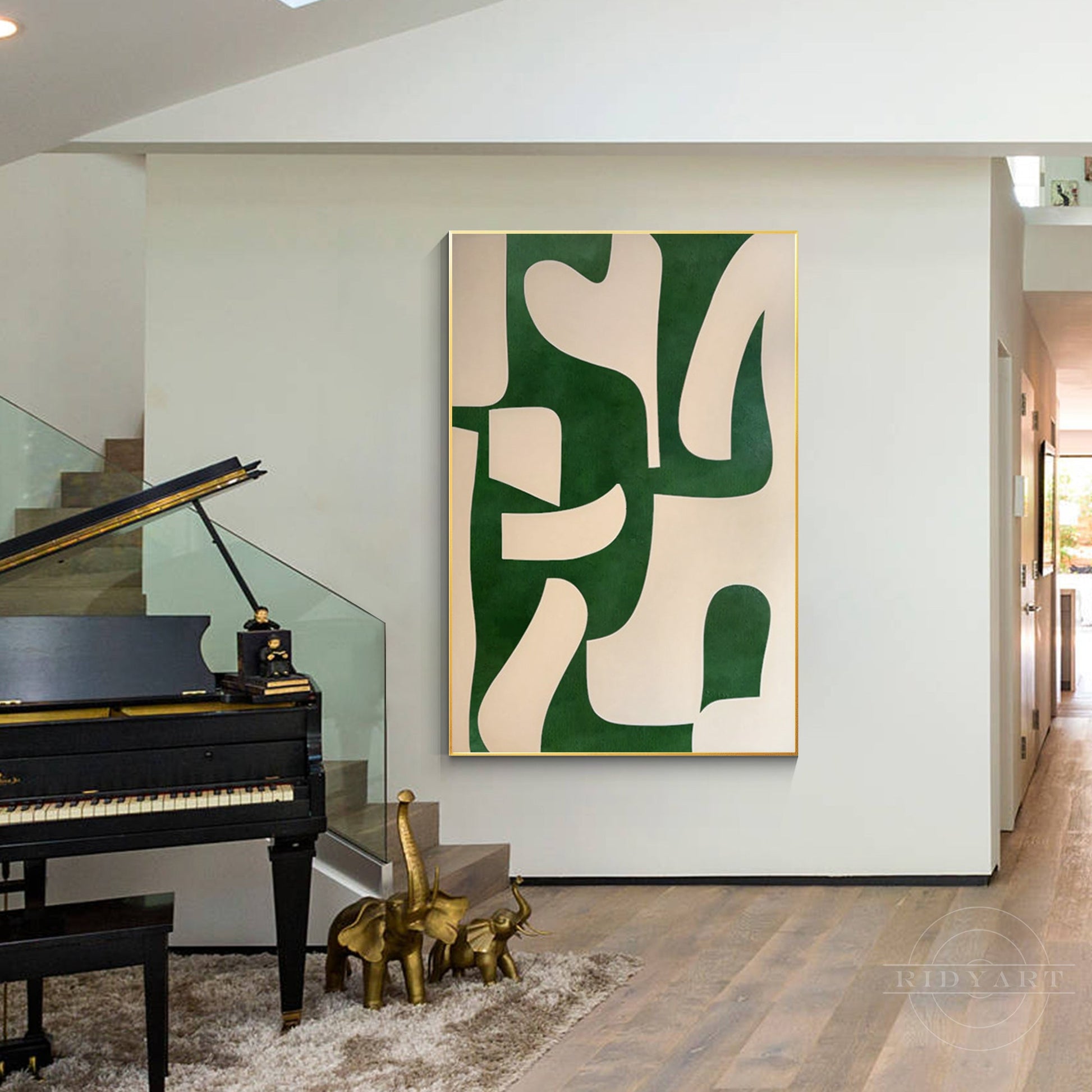 Beige Emerald Green Abstract Painting Vertical Organic Shape