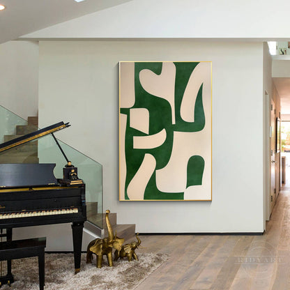 Beige Emerald Green Abstract Painting Vertical Organic Shape