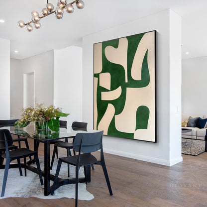 Beige Emerald Green Abstract Painting Vertical Organic Shape