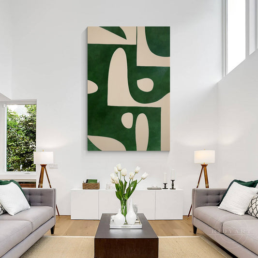 Beige Emerald Green Vertical Abstract Art Organic Shape