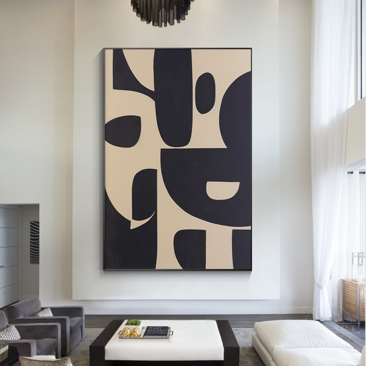 Black Beige Geometric Texture Art Organic Shape Canvas