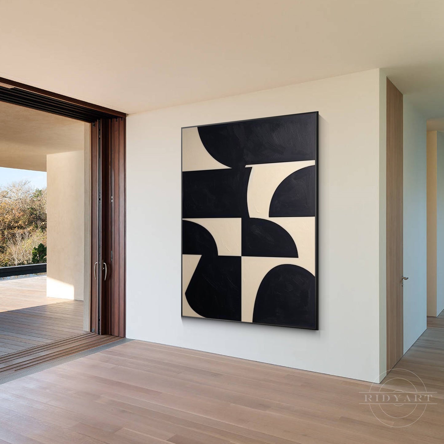 Black Beige Geometric Texture Art Organic Shape Canvas Wall