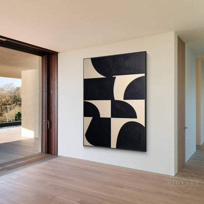 Black Beige Geometric Texture Art Organic Shape Canvas Wall