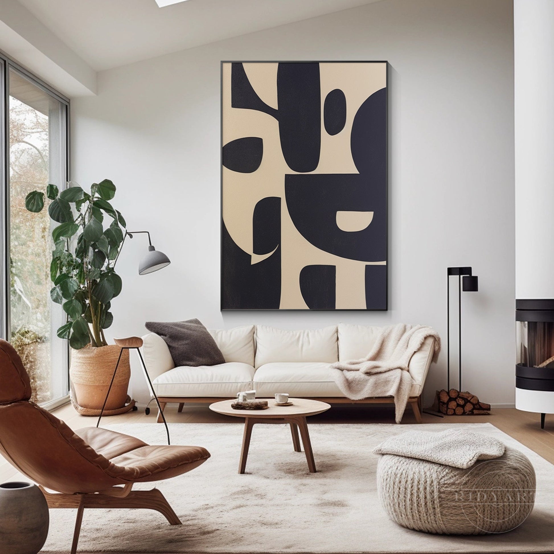 Black Beige Geometric Texture Art Organic Shape Canvas