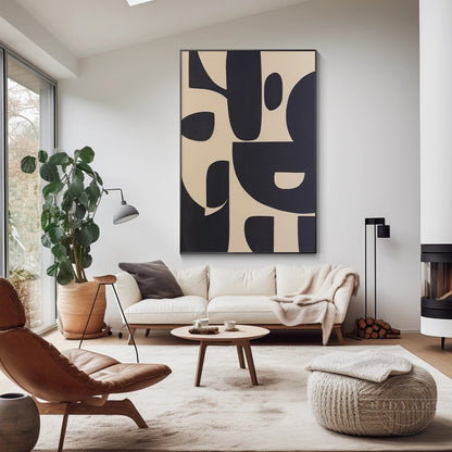 Black Beige Geometric Texture Art Organic Shape Canvas