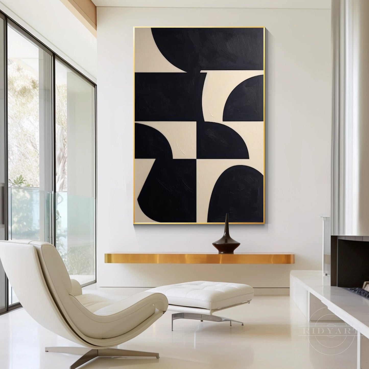 Black Beige Geometric Texture Art Organic Shape Canvas Wall