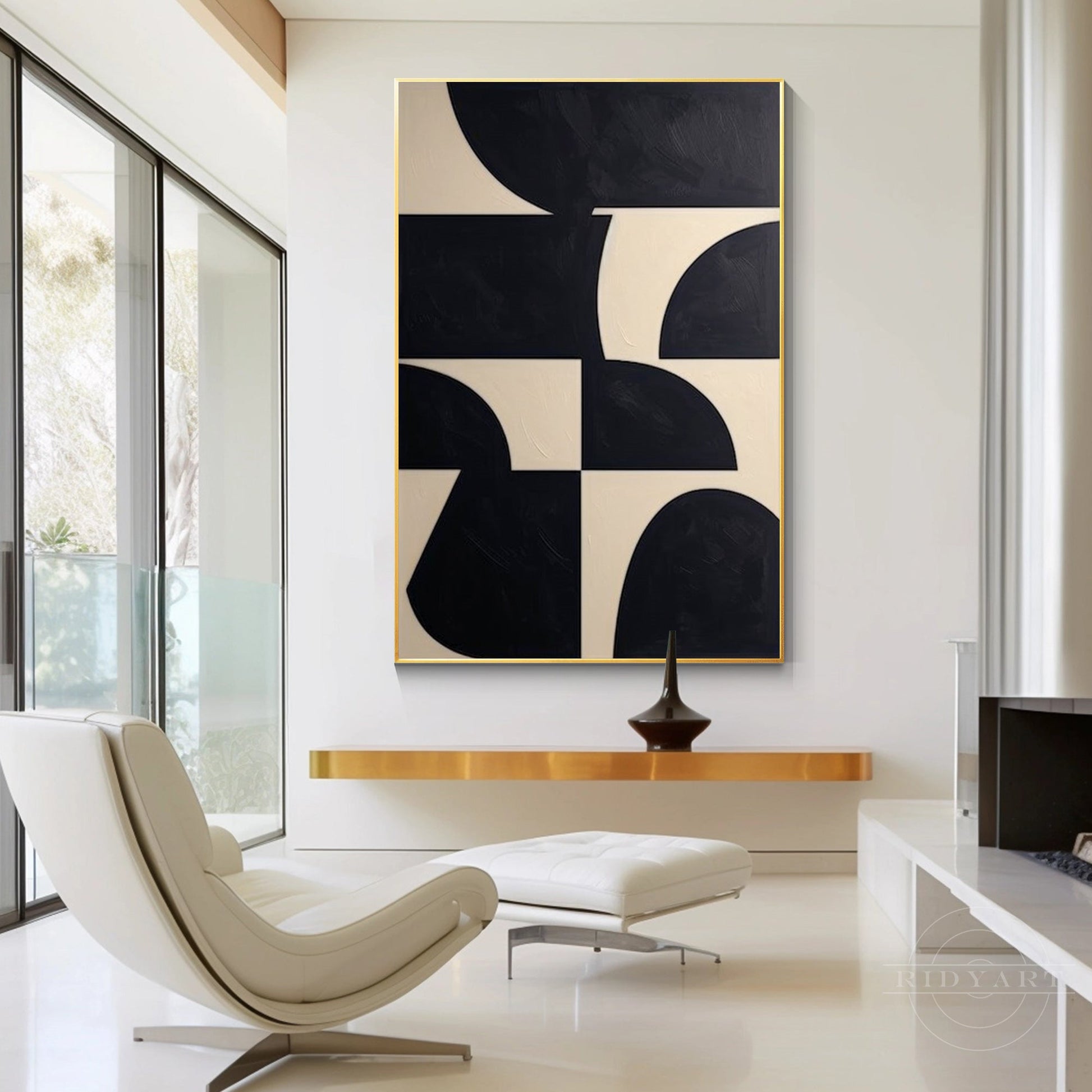Black Beige Geometric Texture Art Organic Shape Canvas Wall
