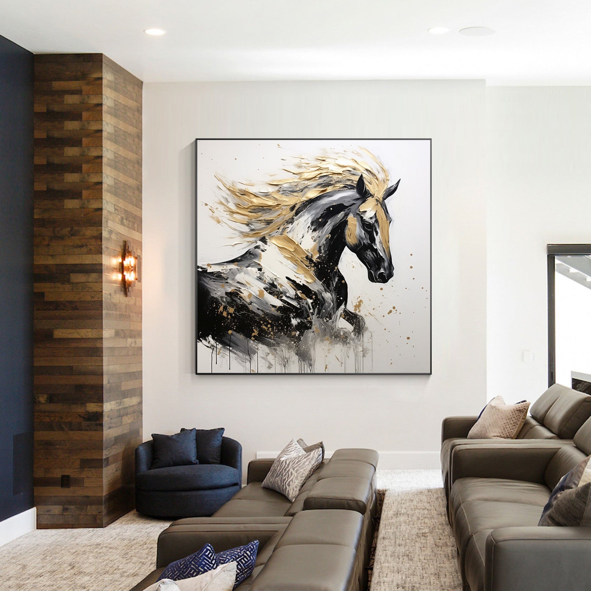 Black Gold Running Horse Textured Painting, Original Canvas