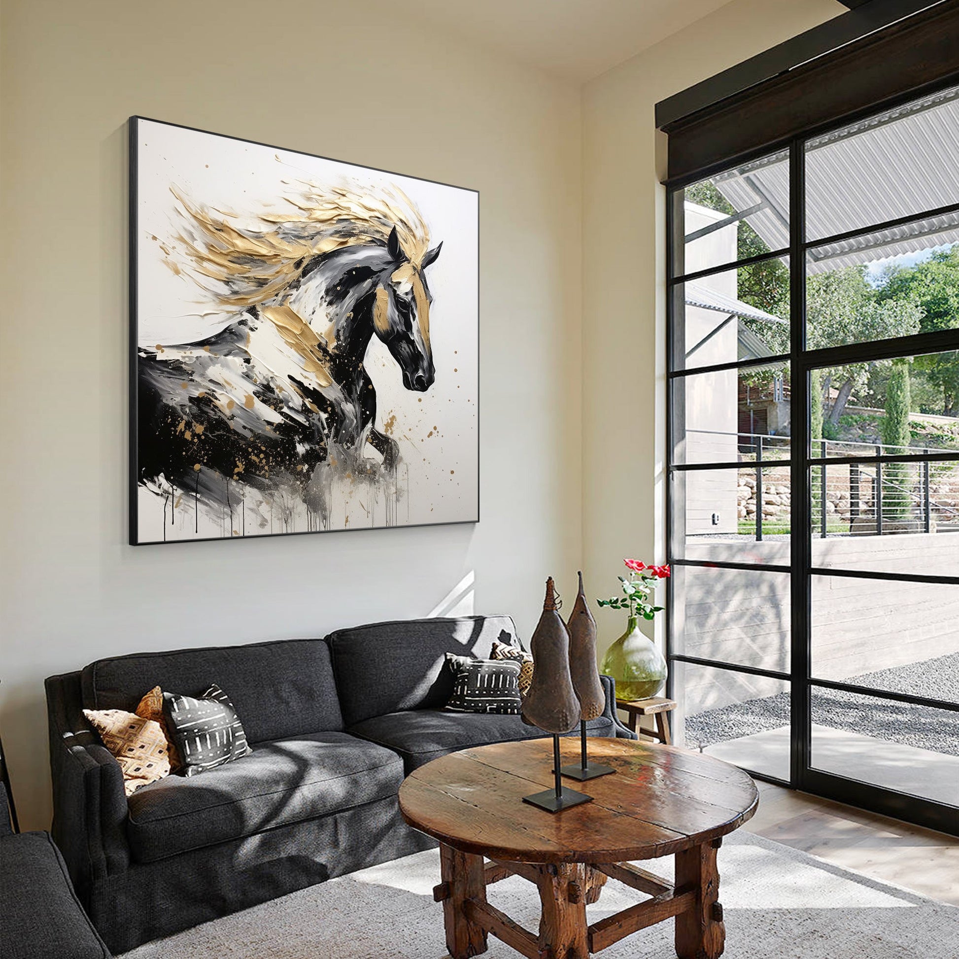 Black Gold Running Horse Textured Painting, Original Canvas