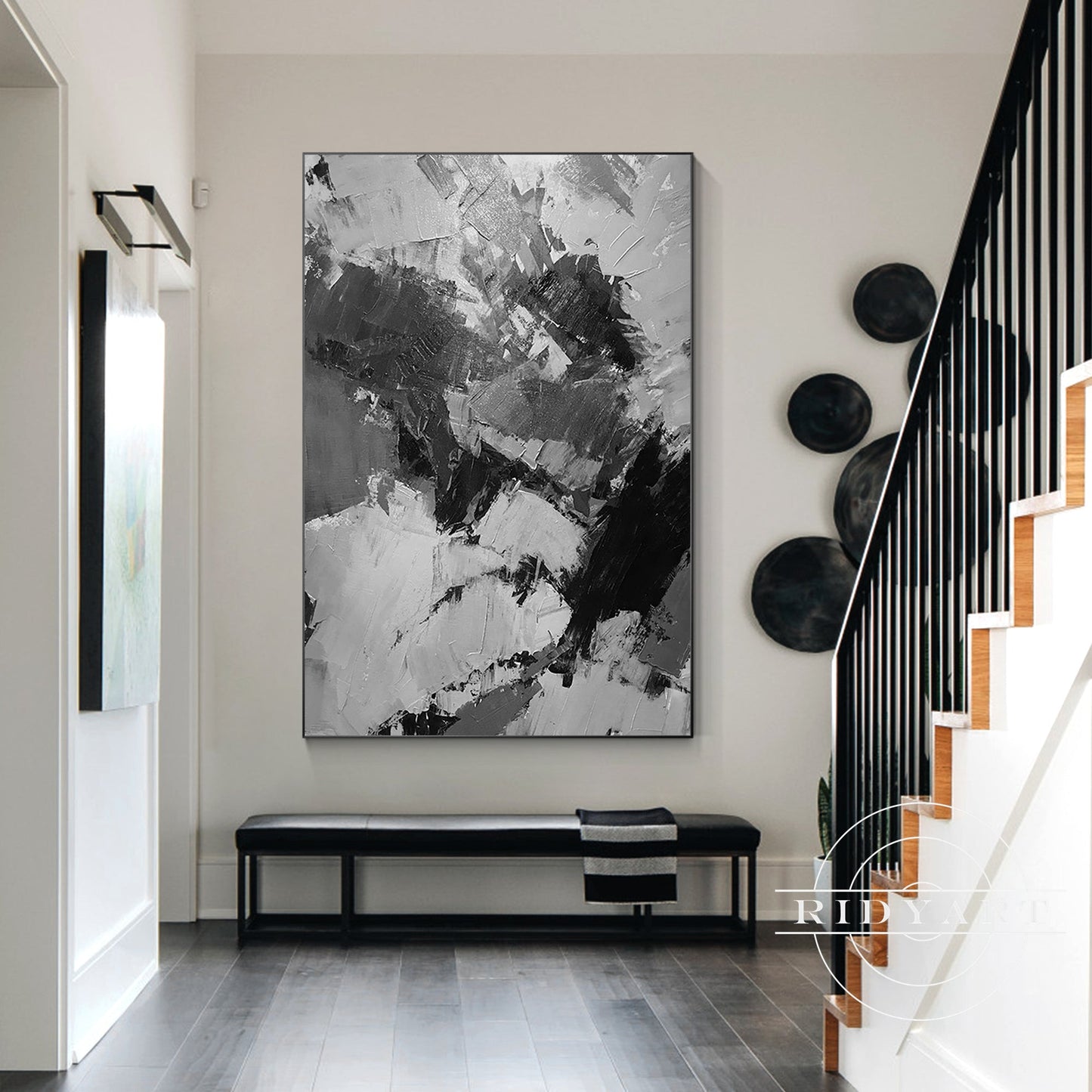 Black Gray White Abstract Textured Painting on Canvas