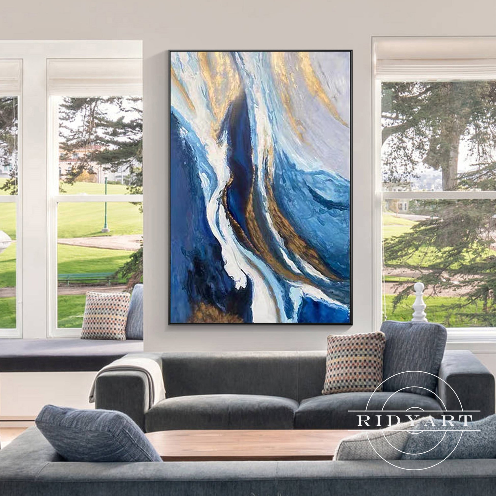 Navy Blue & Gold Abstract Ocean Painting