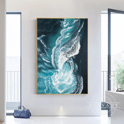 Ocean Wave Abstract Canvas Wall Art - Teal & White