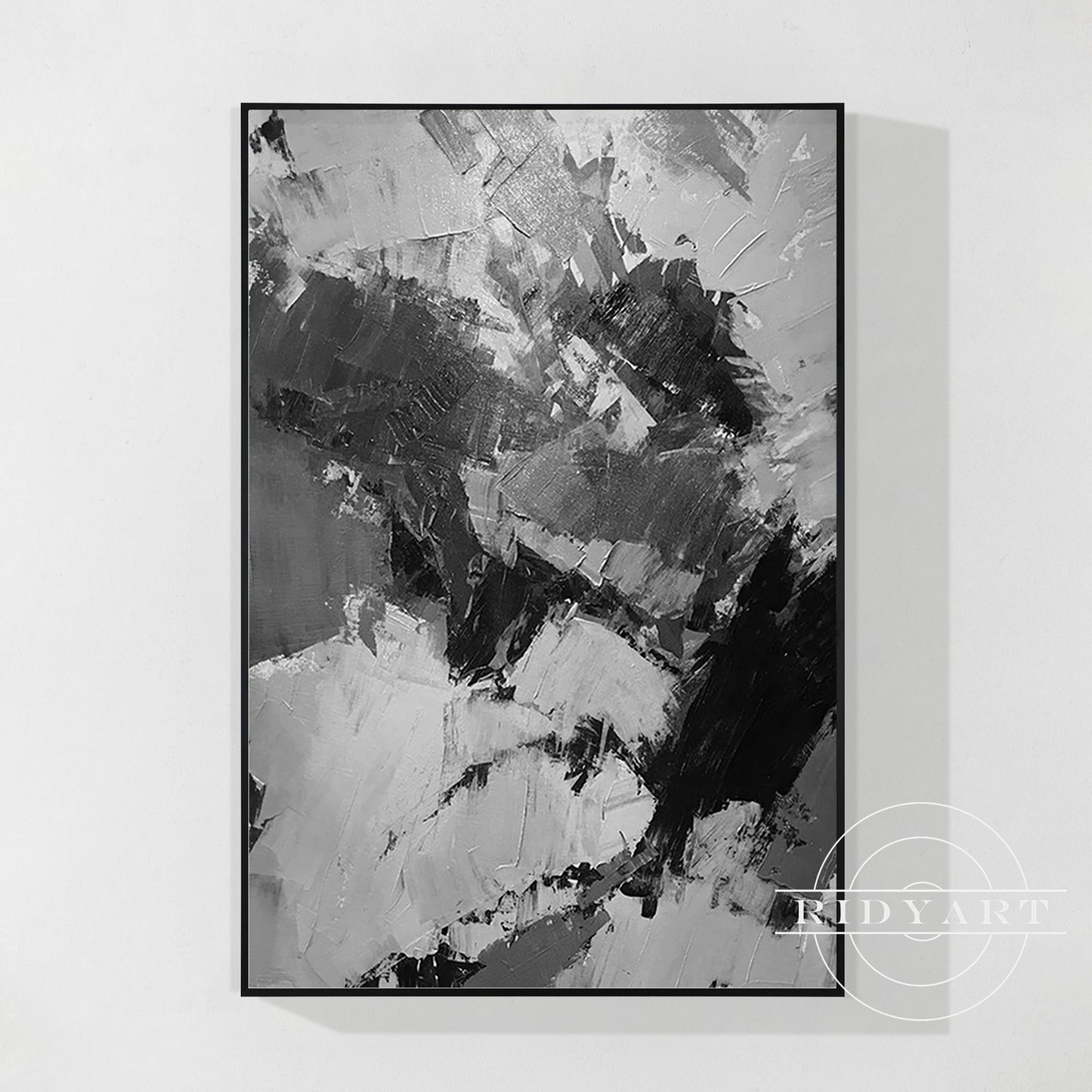 Black Gray White Abstract Textured Painting on Canvas